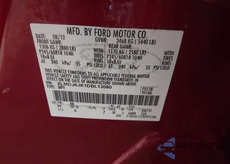 2013 Lincoln Mkx z USA, uszkodzony, nr VIN 2LMDJ6JK1DBL13080